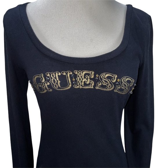 Vintage GUESS 1981 Beaded Gold Logo & Heart Print Black Knit Top Size M T-Shirt - Picture 4 of 11